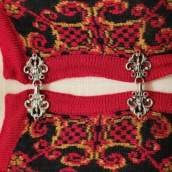 Vintage Vals Norsk Strikkedesign red/black/gold Pure New Wool Cardigan Sweater - Picture 2 of 11